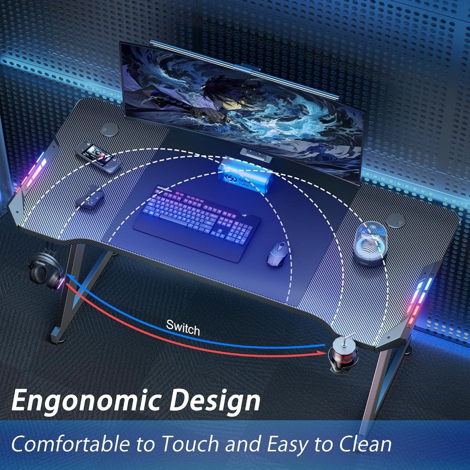 63 Inch Gaming Desk With LED Lights Carbon Fiber Desktop