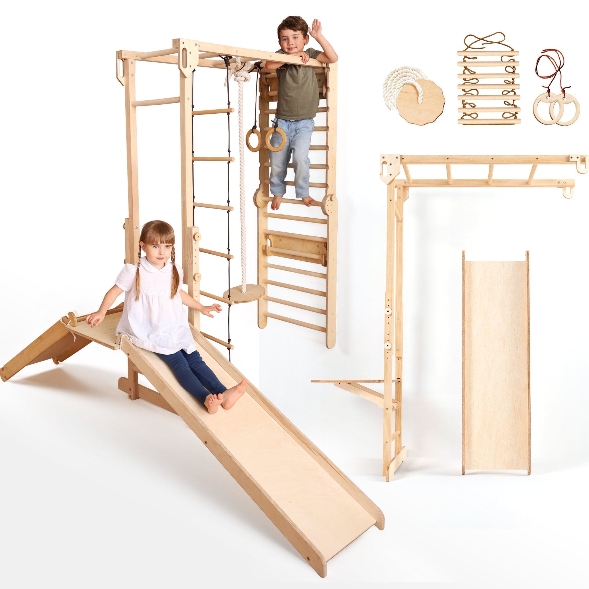 7-in-1 Dschungel-Spielset für Kinder: Sprossenwand + Kletterstange + Schaukelset + Rutsche + Kletterrampe
