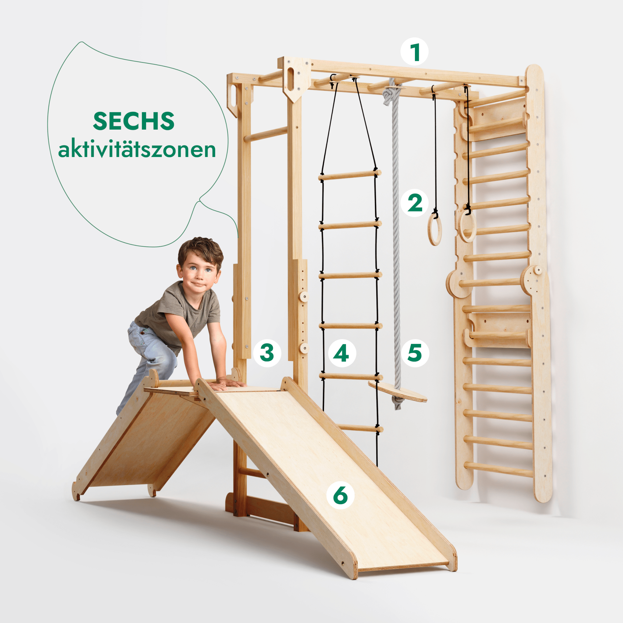 7-in-1 Dschungel-Spielset für Kinder: Sprossenwand + Kletterstange + Schaukelset + Rutsche + Kletterrampe