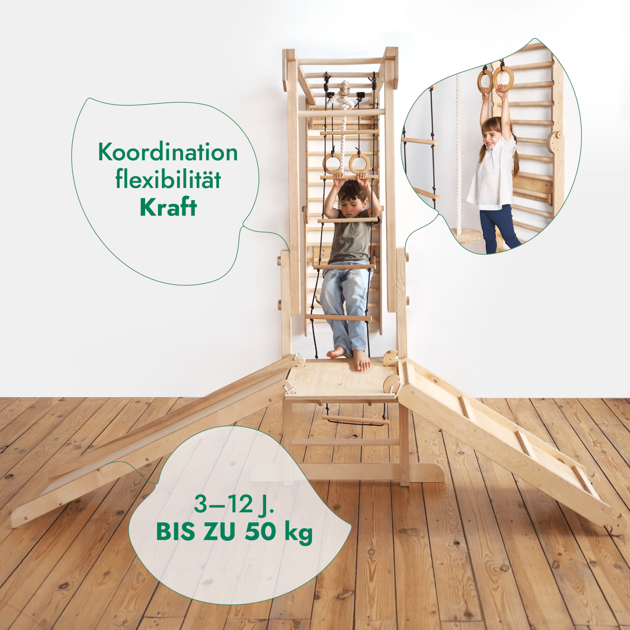 7-in-1 Dschungel-Spielset für Kinder: Sprossenwand + Kletterstange + Schaukelset + Rutsche + Kletterrampe