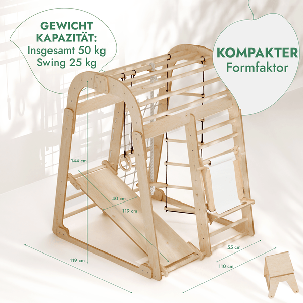 8-in-1 Indoor Playground: Climbing Frame with Climbing Net, Slide, Gymnastic Rings, Hanging Ladder, Disc Swing, Chalkboard, and High Chair – Beige