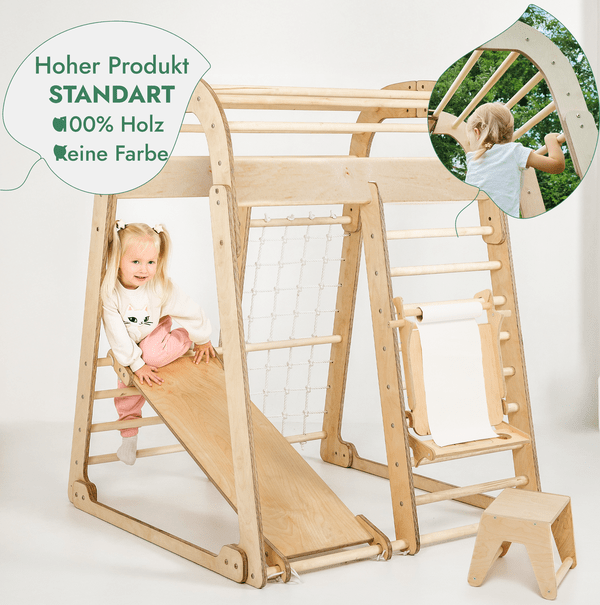 8-in-1 Indoor Playground: Climbing Frame with Climbing Net, Slide, Gymnastic Rings, Hanging Ladder, Disc Swing, Chalkboard, and High Chair – Beige