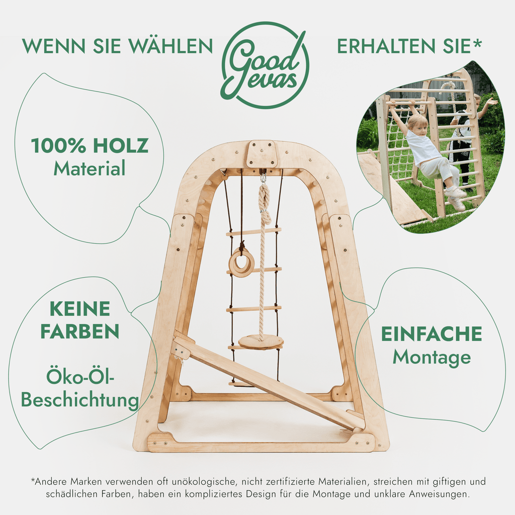 8-in-1 Indoor Playground: Climbing Frame with Climbing Net, Slide, Gymnastic Rings, Hanging Ladder, Disc Swing, Chalkboard, and High Chair – Beige