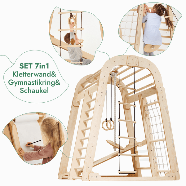 8-in-1 Indoor Playground: Climbing Frame with Climbing Net, Slide, Gymnastic Rings, Hanging Ladder, Disc Swing, Chalkboard, and High Chair – Beige