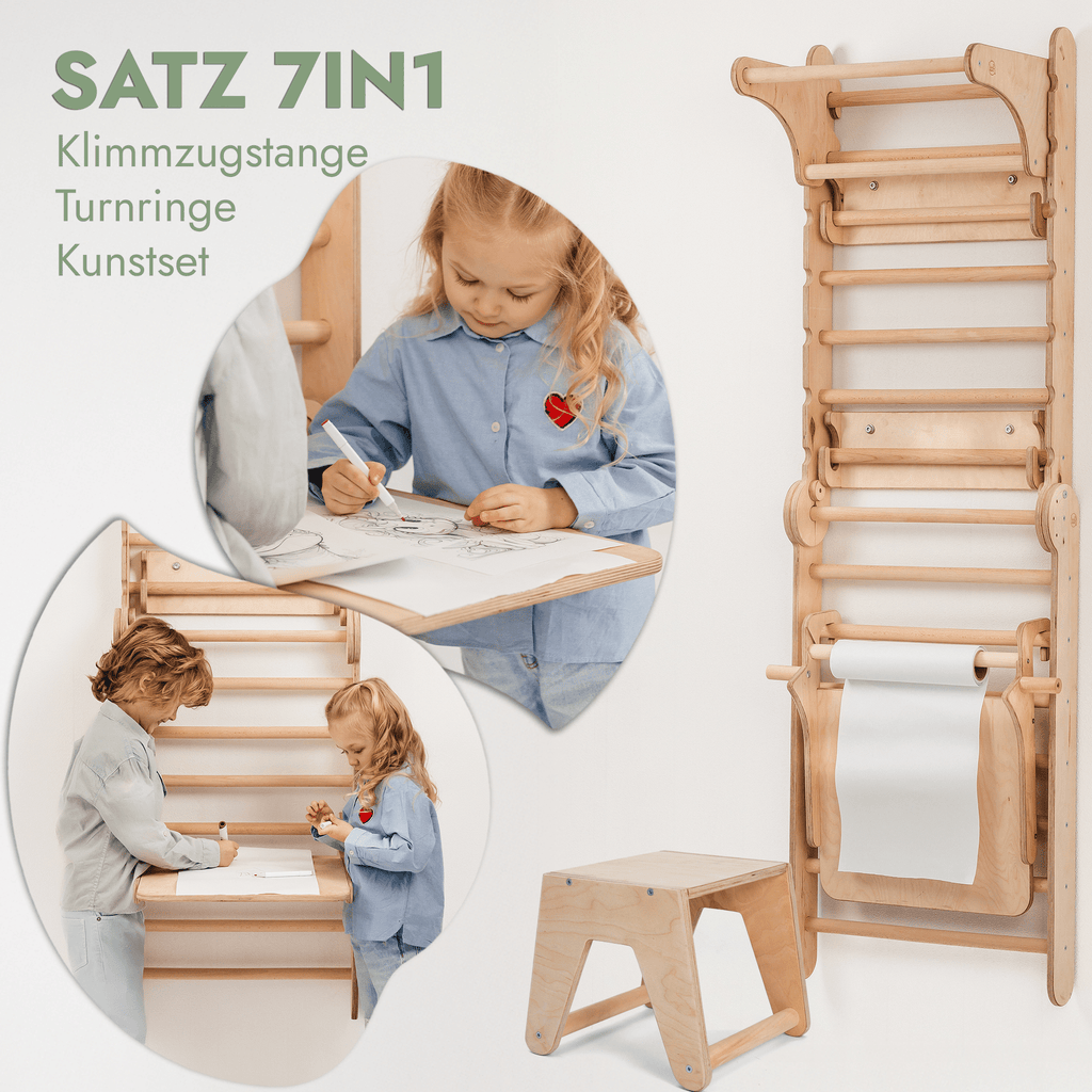 8in1 Kletterwand Indoor: Sprossenwand, Gymnastikringe, Hängende Leiter, Disc-Schaukel, Rutsche, Klimmzugstange, Maltafel und Kinderstuhl für Kinder – Beige