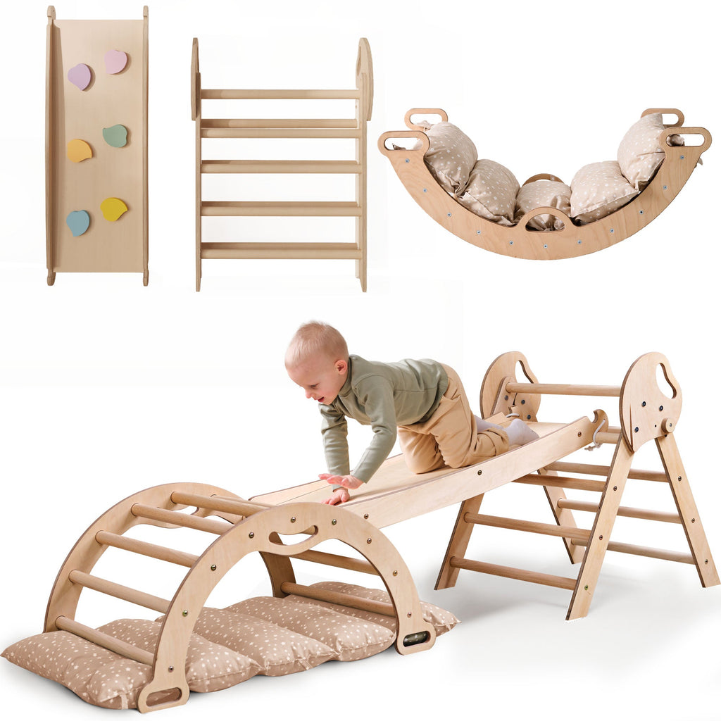 Montessori 4-in-1 Climbing Triangle for Babies: Pikler Triangle, Climbing Arch, Slide, and Cushion for Toddlers (1–3 Years)